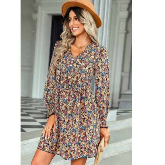 Floral Decorative Button Mini Dress - Picture 7 of 14